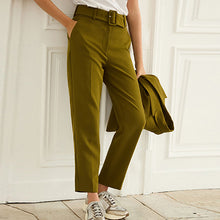 Load image into Gallery viewer, Green Olive Tailored Belted Taper Trousers