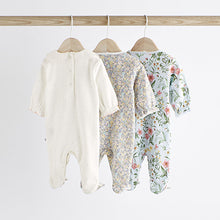 Load image into Gallery viewer, White/Blue Baby 100% Cotton Sleepsuits 3 Pack (0-3yrs)