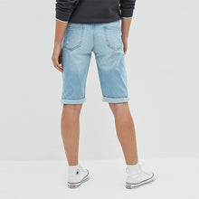 Load image into Gallery viewer, Bleach Blue Ripped Denim Knee Shorts