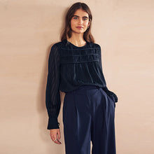 Load image into Gallery viewer, Navy Sheer Pintuck Pleated Blouse