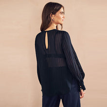 Load image into Gallery viewer, Navy Sheer Pintuck Pleated Blouse