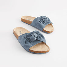 Load image into Gallery viewer, Blue Suede Bow Sliders