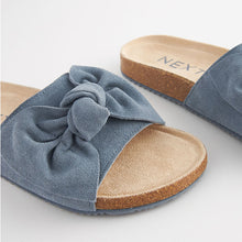 Load image into Gallery viewer, Blue Suede Bow Sliders