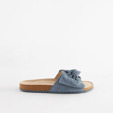 Load image into Gallery viewer, Blue Suede Bow Sliders