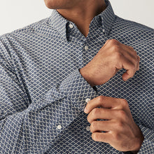 Load image into Gallery viewer, Navy Blue Stretch Oxford Printed Long Sleeve Shirt