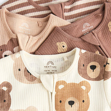 Load image into Gallery viewer, Tan Brown Bear Baby Zipped Sleepsuits 4 Pack (0mths-18mths)