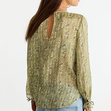 Load image into Gallery viewer, Green Floral Ditsy Sheer Pintuck Pleated Blouse
