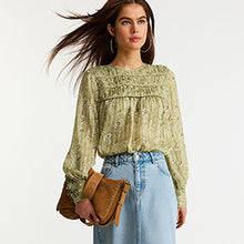 Load image into Gallery viewer, Green Floral Ditsy Sheer Pintuck Pleated Blouse