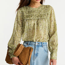 Load image into Gallery viewer, Green Floral Ditsy Sheer Pintuck Pleated Blouse