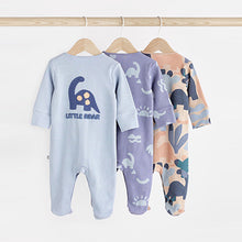 Load image into Gallery viewer, Blue Dinosaur Footed Baby Sleepsuits 3 Pack (0mths-1-5-2yrs)