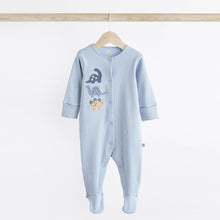 Load image into Gallery viewer, Blue Dinosaur Footed Baby Sleepsuits 3 Pack (0mths-1-5-2yrs)