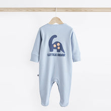 Load image into Gallery viewer, Blue Dinosaur Footed Baby Sleepsuits 3 Pack (0mths-1-5-2yrs)