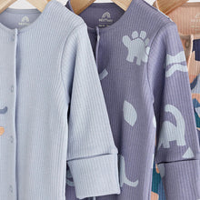 Load image into Gallery viewer, Blue Dinosaur Footed Baby Sleepsuits 3 Pack (0mths-1-5-2yrs)