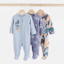 Load image into Gallery viewer, Blue Dinosaur Footed Baby Sleepsuits 3 Pack (0mths-1-5-2yrs)