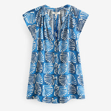 Load image into Gallery viewer, Blue Linen Blend Button Down Relaxed Sleeve Printed Top