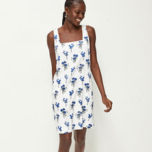 Load image into Gallery viewer, White/Blue Square Neck Shift Mini Dress With Linen