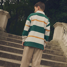 Load image into Gallery viewer, Green/Ecru White Stripe Long Sleeve Rugby 100% Cotton Polo Shirt (3-12yrs)