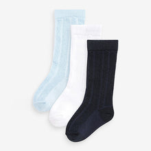 Load image into Gallery viewer, Blue Baby Knee Length Socks 3 Pack (0mths-2yrs)