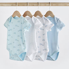 Load image into Gallery viewer, Blue/White Elephant 4 Pack Short Sleeve Baby Bodysuits (0mth-18mths)
