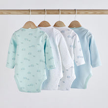 Load image into Gallery viewer, Blue/White Elephant 4 Pack Baby Long Sleeve Bodysuits (0mth-18mths)