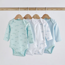 Load image into Gallery viewer, Blue/White Elephant 4 Pack Baby Long Sleeve Bodysuits (0mth-18mths)