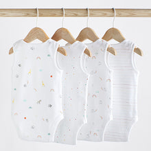 Load image into Gallery viewer, White Bright Animal 4 Pack Baby Vest Bodysuits (0mth-18mths)