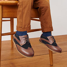Load image into Gallery viewer, Tan Brown / Navy Blue Leather Brogue Shoes (Younger Boys)