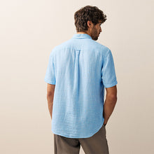Load image into Gallery viewer, Blue Standard Collar Cotton Linen Blend Short Sleeve Shirt