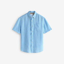 Load image into Gallery viewer, Blue Standard Collar Cotton Linen Blend Short Sleeve Shirt