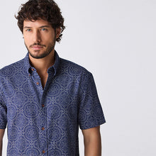 Load image into Gallery viewer, Navy Blue Printed Tile Short Sleeve 100% Cotton Shirt