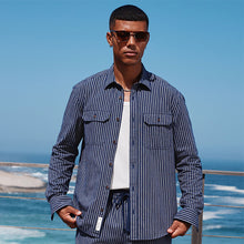 Load image into Gallery viewer, Navy Blue Stripe Cotton Long Sleeve 100% Cotton Shirt