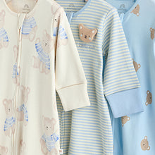Load image into Gallery viewer, Blue 3 Pack Baby Sleepsuits (0-18mth)