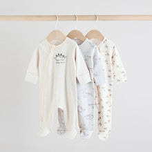 Load image into Gallery viewer, Grey 100% Cotton Two Way Zip Baby Sleepsuits 3 Pack (0-18mth)
