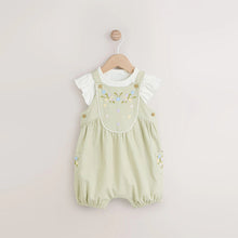 Load image into Gallery viewer, Sage Green Embroidered Floral Short Sleeve 100% Cotton Bodysuit And Leg Baby Dungaree Set (0mths-18mth)