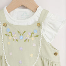 Load image into Gallery viewer, Sage Green Embroidered Floral Short Sleeve 100% Cotton Bodysuit And Leg Baby Dungaree Set (0mths-18mth)