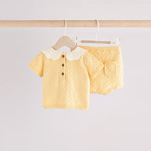 Load image into Gallery viewer, Yellow Embroidered Collar 100% Cotton Knitted Baby Top and Shorts Set (0mths-18mth)