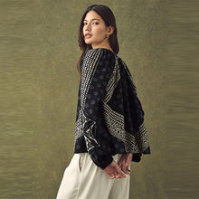 Load image into Gallery viewer, Navy/Cream Floral Print Boho Boat Neck Long Sleeve Top