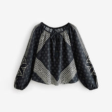 Load image into Gallery viewer, Navy/Cream Floral Print Boho Boat Neck Long Sleeve Top