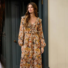 Load image into Gallery viewer, Rust Brown Floral Print Long Sleeve Ruffle Tie Back A-Line Midi Dress