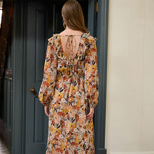Load image into Gallery viewer, Rust Brown Floral Print Long Sleeve Ruffle Tie Back A-Line Midi Dress