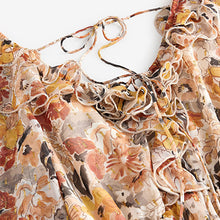 Load image into Gallery viewer, Rust Brown Floral Print Long Sleeve Ruffle Tie Back A-Line Midi Dress