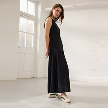 Load image into Gallery viewer, Black Sleeveless Drop Waist Crew Neck Midi Dress