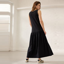 Load image into Gallery viewer, Black Sleeveless Drop Waist Crew Neck Midi Dress