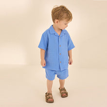 Load image into Gallery viewer, Bright Blue Plain Shirt & Short Set 100% Cotton Short Sleeves Revere Collar Textured (6mths-5yrs)