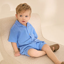 Load image into Gallery viewer, Bright Blue Plain Shirt & Short Set 100% Cotton Short Sleeves Revere Collar Textured (6mths-5yrs)