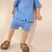Load image into Gallery viewer, Bright Blue Plain Shirt & Short Set 100% Cotton Short Sleeves Revere Collar Textured (6mths-5yrs)