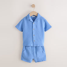 Load image into Gallery viewer, Bright Blue Plain Shirt & Short Set 100% Cotton Short Sleeves Revere Collar Textured (6mths-5yrs)