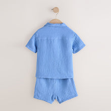 Load image into Gallery viewer, Bright Blue Plain Shirt & Short Set 100% Cotton Short Sleeves Revere Collar Textured (6mths-5yrs)