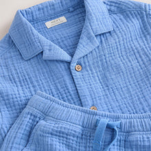 Load image into Gallery viewer, Bright Blue Plain Shirt & Short Set 100% Cotton Short Sleeves Revere Collar Textured (6mths-5yrs)