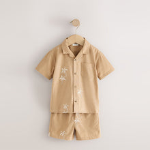 Load image into Gallery viewer, Tan Brown Texture Palm Revere Collar Short Sleeve Shirt And Shorts Set (3mths-5yrs)